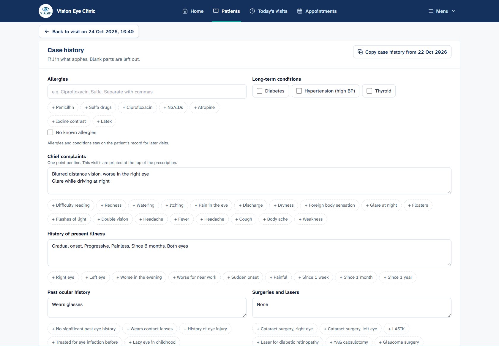 The case history screen with complaints, history and one-tap suggestions