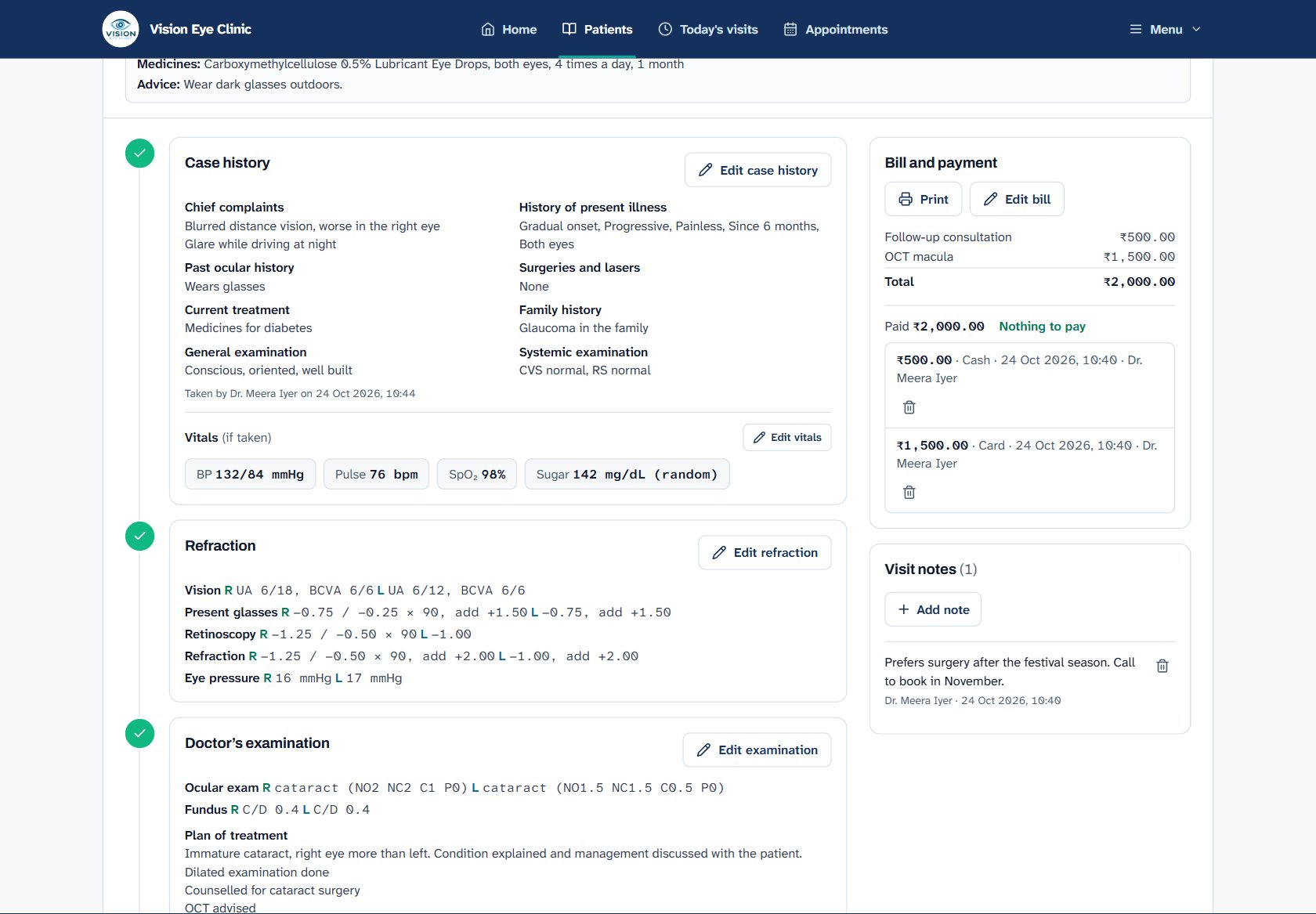 A visit with completed case history, refraction and examination steps, and the bill and notes alongside